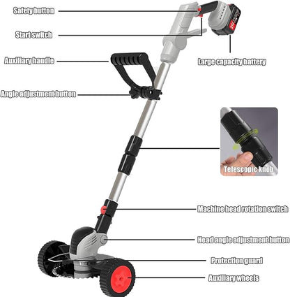 Electric Weed Wacker Cordless Eater Battery Powered Eater Lightweight Edger Portable Stringless Grass Trimmer/Lawn Mower/Brush Cutter, with 3 Types Blades & Wheels for Yard and Garden-Grey