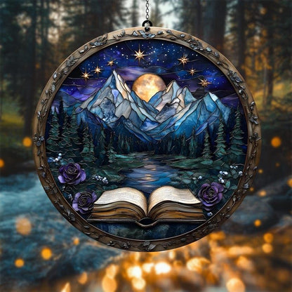 Mountain Books Bookish Acrylic Suncatcher Stained Glass Effect Window Car Hanging Christmas Ornament Indoor Outdoor Decor Garden Bookworm Sun Catcher Book Lover for Women Mom Grandma