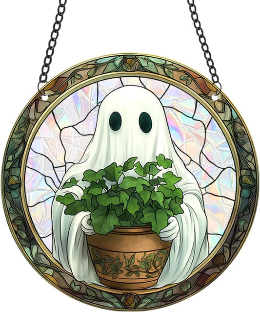 Halloween Sun Catcher - 8 Inch Round Suncatcher for Window Hanging Decoration - Creates Indoor Rainbows Light Refraction - Spooky Ghost, Witch, Pumpkin Design - Suction Cup Hook & Chain
