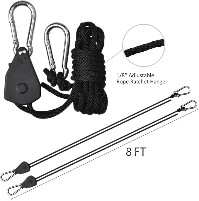 Grow Light Rope Hanger 50Pairs，1/8" 8-Feet Long Heavy Duty Adjustable Rope Clip Hanger, Adjustable Rope Ratchet Hangers 150 Lbs per Pair Used with Grow Light, Grow Bags