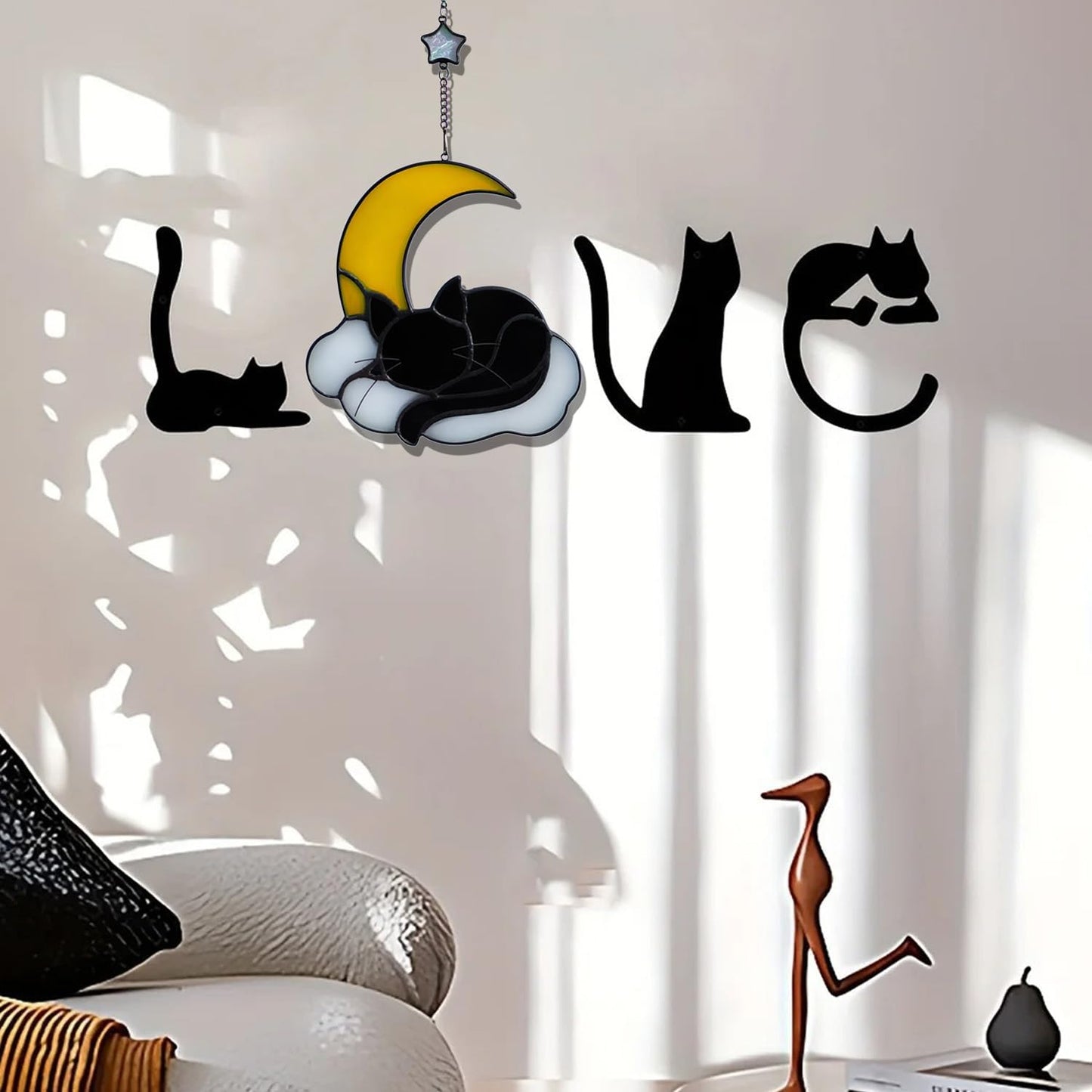 Sleeping Cat Stained Glass Windown Hanging,The Black cat Sleeping Under The Companionship of Stars and Moon,Beautiful Handcrafted Sun Catcher Gifts for Daughter,Mothers Day,Christmas and Cat Lover