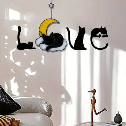 Sleeping Cat Stained Glass Windown Hanging,The Black cat Sleeping Under The Companionship of Stars and Moon,Beautiful Handcrafted Sun Catcher Gifts for Daughter,Mothers Day,Christmas and Cat Lover