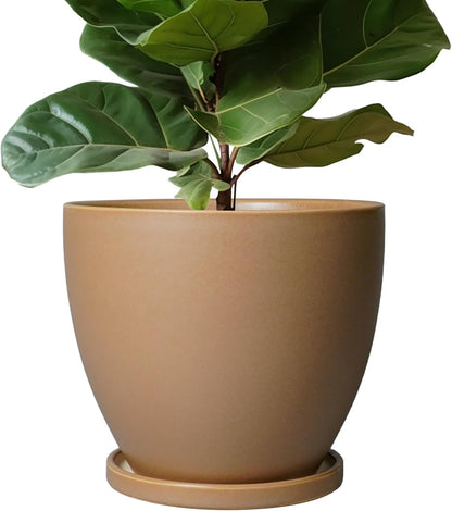 10 Inch Planter - Ceramic Pots for Plants, Planters with Drainage Hole and Tray, Modern Flower Pots Indoor, Home Living Room Patio Porch Garden Office Decor, Brown