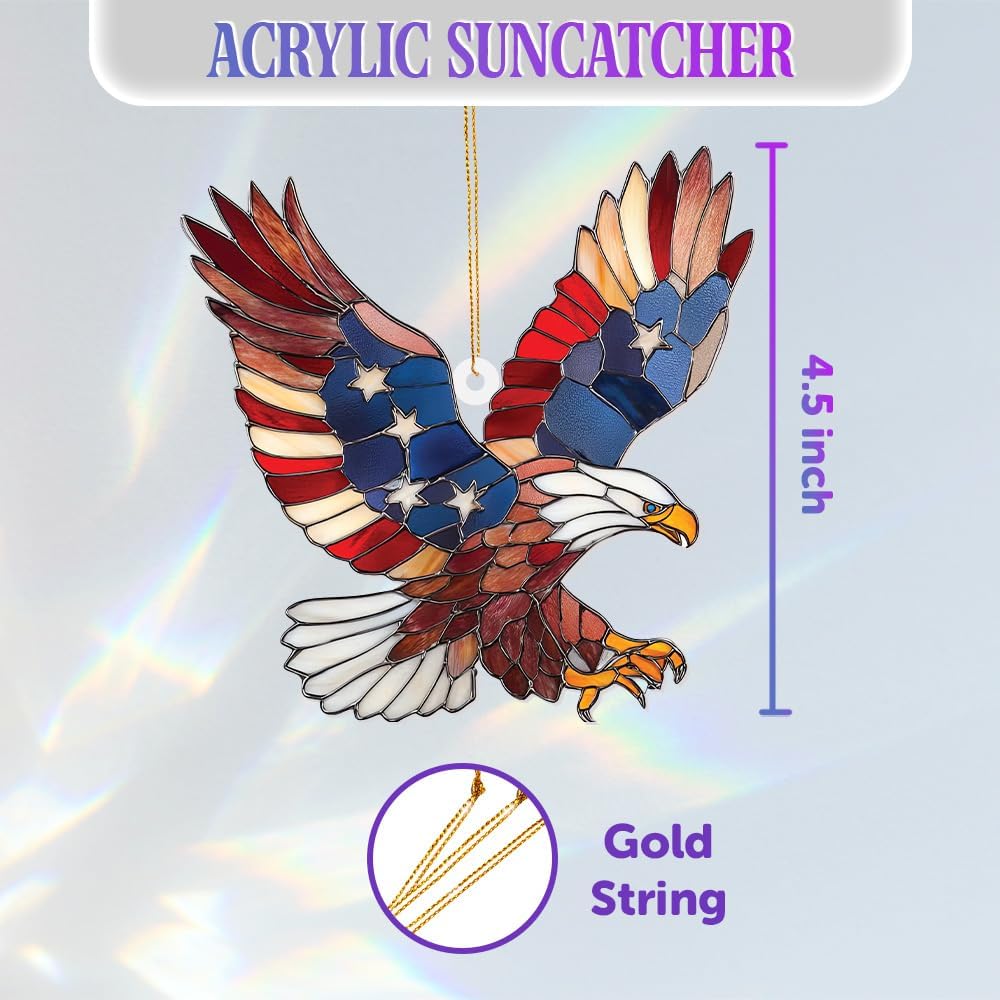Bald Eagle Patriotic Ornament – Stained Glass American Flag Suncatcher, Acrylic Hanging Decor, USA Pride Home Office Gift, Veterans Independence Day & 4th of July Christmas Tree Ornament (Sun-11)