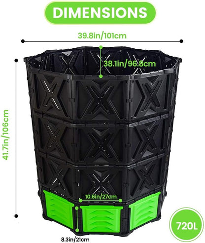 SQUEEZE master XXL Large Compost Bin Outdoor- 720L /190 Gallon-Easy Assembly-No Screws-Sturdy& Durable-Green Door