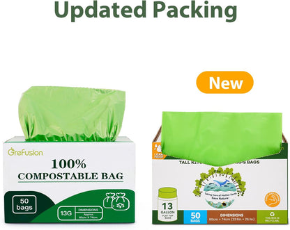 Compostable Bags,Trash bags 13+ gallon tall kitchen, Compostable Trash Lawn & Leaf Yard Waste Bags,Kitchen Compost Trash Bin Compatible,Extra Thick1.01 Mills,Certified by BPI and OK Compost(50count)