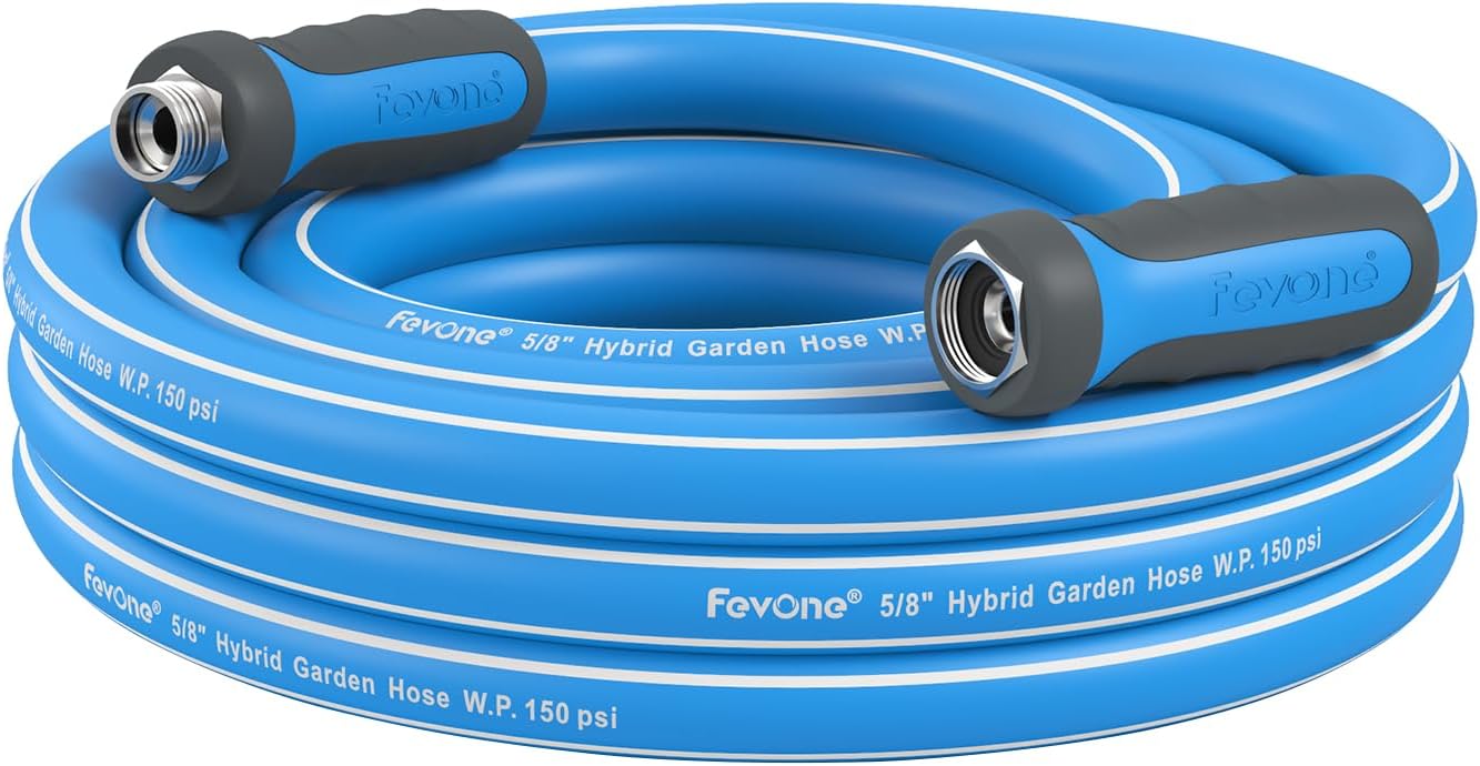 Fevone 12 ft x 5/8" Heavy Duty Garden Hose, Drinking Water Safe, Flexible & Kink-Free Hybrid Polymer Water Hose, Lightweight Outdoor Hose with swivel handles and 3/4" Solid Aluminum Fittings