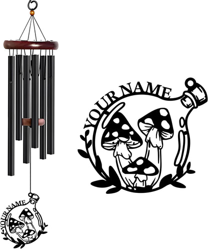 Personalized Customize Name Fantasy Mushroom Wonderland Wind Chime, Metal Iron 37 Inch Outdoor Memorial Gift for Garden Yard Patio Home Decor, Black (Style B)