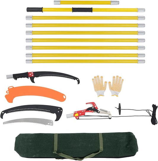 findmall 30ft Manual Pole Saw Extendable Tree Pruner Sharp Steel Blade and Scissors High Branches Trimming for Pruning Palms and Shrubs with 8 Long Handles Orange