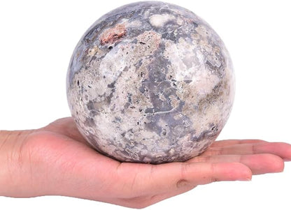 JIC Gem Large Blue Cherry Blossom Agate Crystal Ball with Stand Crystal Sphere Natural Sakura Flower Agate Stone Reiki Healing Meditation Witchcraft Home Decor 4 inch(100mm)
