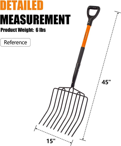 VNIMTI Pitch Fork for Gardening, 10 Tines Wide Pitch Fork with Fiberglass Handle, Heavy Duty Pitch Fork for Bedding, 45 Inches