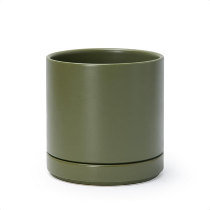 D'vine Dev 6.5 Inch Ceramic Planter Pot with Drainage Hole and Saucer, Indoor Cylinder Round Planter Pot, Olive, 94-O-C-J
