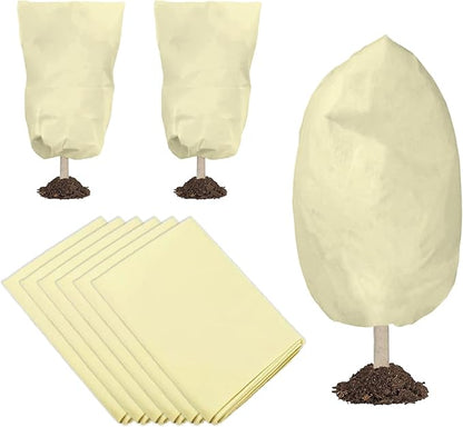 Eunika 6 PCS Plant Covers Freeze Protection, 47.2"x31.5" Frost Blankets with Drawstring Reusable Winter Plant Protectors Bag Covers for Outdoor Garden Trees, Shrubs Cover for Cold Pest, Beige