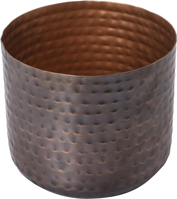 MyGift 6 Inch Vintage Copper Tone Metal Vase, Flower Pot with Hammered Texture, Cylindrical Indoor Succulent Plant Container - Handcrafted in India