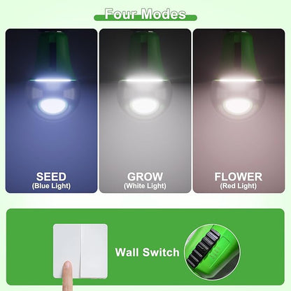 ORALUCE LED Grow Light Bulb 4 Modes, 60 Watt Equivalent Grow Bulbs for Indoor Plants E26 Base, A19 Plant Light Bulb for Seed Starting, Growth, Flower, Vegetables, Non-Dimmable, 2 Pack