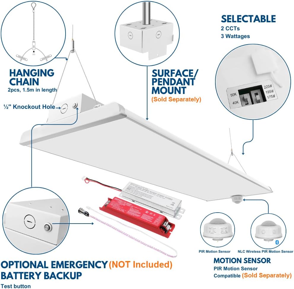 Konlite Pack of 2 ALTA LED High Bay Light - 4FT - 225W/195W/175W - 37,600 Lumens - 5000K/4000K Selectable - 120-277V - 600W Metal Halide Equal