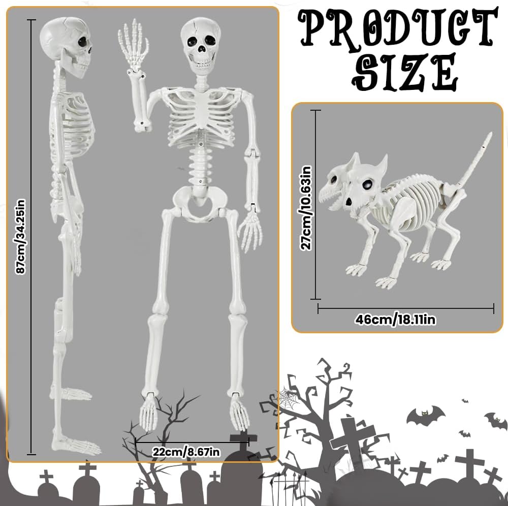 YUJUN 36'' Halloween Skeleton Decoration with 2Head Dog Skeleton, Full Body Posable Skeleton Realistic Plastic Bones Movable Joints for Halloween Party Yard Haunted House Props Indoor Outdoor Decor