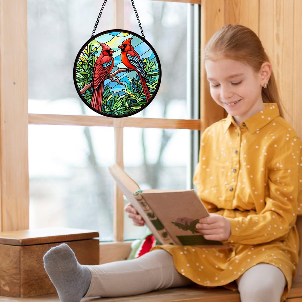 Red Bird Stained Glass Window Hanging, Red Sun Catcher for Window, Botanical Hanging Ornament to Express Sympathy, Bird Bloom Ornament for Wall, Home Decoration, Sympathy Ornament Gifts for Women Men