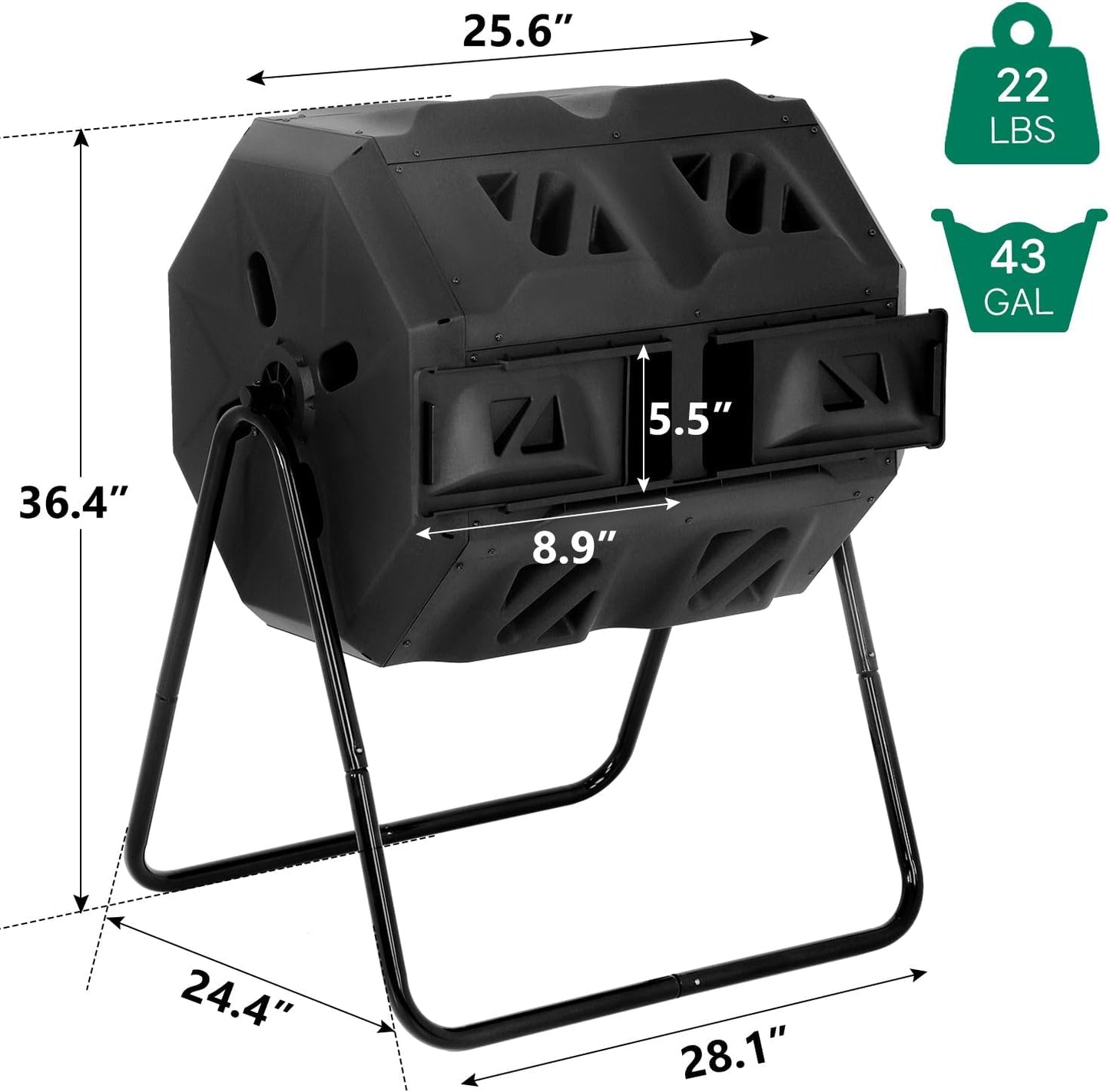 43 Gallon Compost Bin Outdoor Tumbling Composting Bins Compost Tumbler Bucket Trash Can w/Dual Chamber Sliding Doors for Garden Patio,Black Door