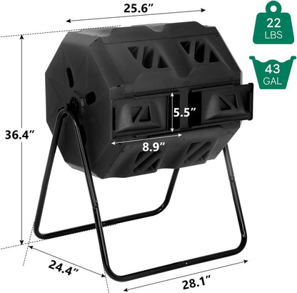 43 Gallon Compost Bin Outdoor Tumbling Composting Bins Compost Tumbler Bucket Trash Can w/Dual Chamber Sliding Doors for Garden Patio,Black Door