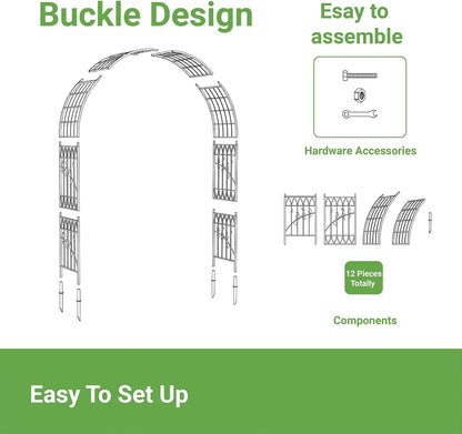 Metal Garden Arbor, 104.3” Tall Wrought Iron Archway for Climbing Plants & Flowers, British-Style Garden Trellis (Silver)