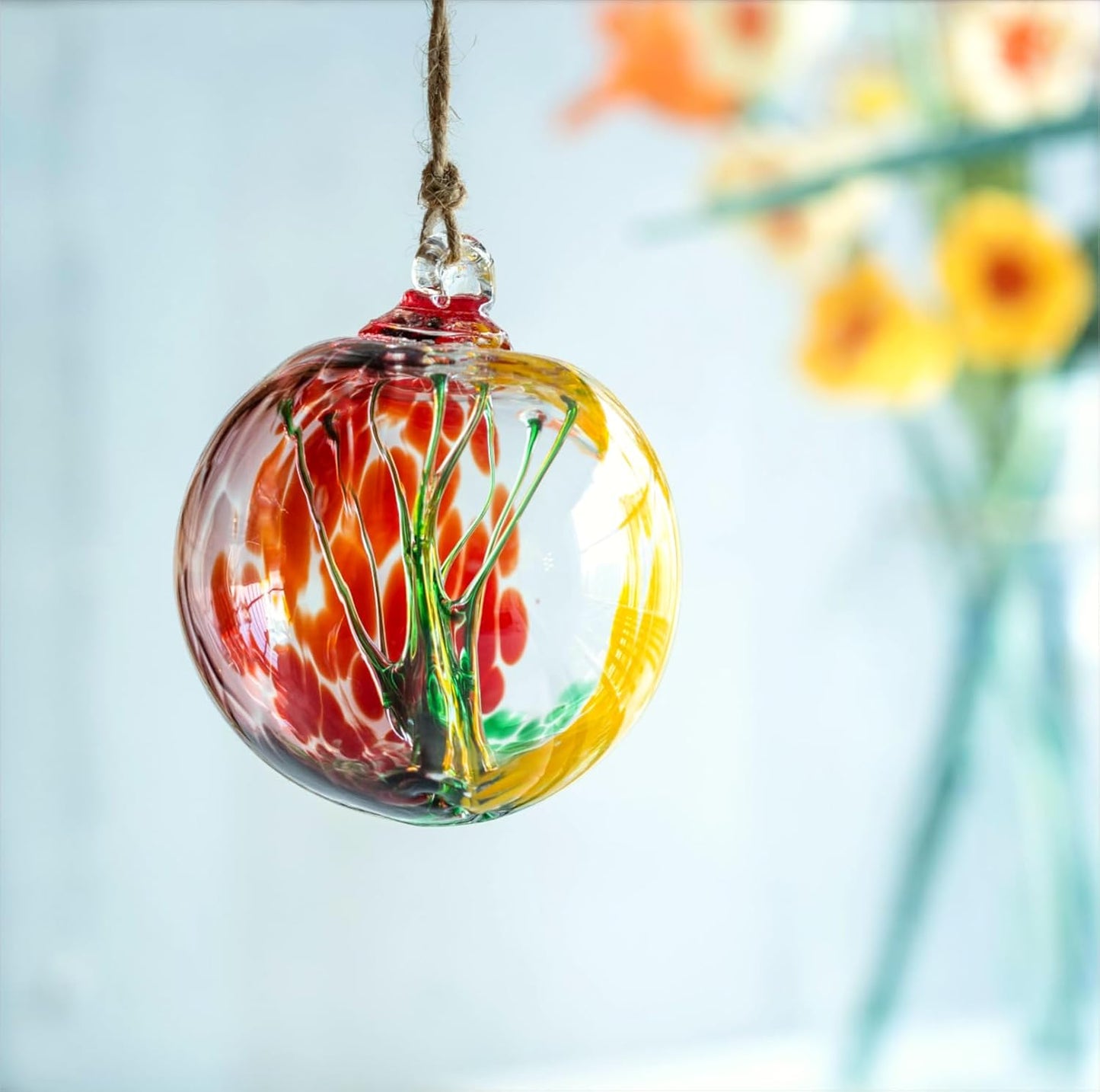 4” Tree of Life Witch Balls, Gazing Balls Hanging Friendship Balls, Hand-Blown Glass Christmas Ornament for Window Outdoor Home Decor, Garden Decoration, Gifts for Women (Yellow