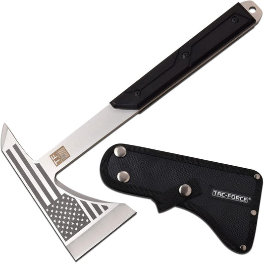 TAC-FORCE Tomahawk – Axe - Satin Finish Stainless Steel Blade w/Etched U.S.A. Flag, Black Wood Handle, Full Tang Construction, Includes Nylon Sheath, Tactical, EDC, Rescue - TF-AXE001S