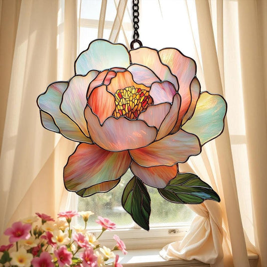 Light Pink Peony Flower Acrylic Suncatcher Stained Glass Effect Window Car Hanging Christmas