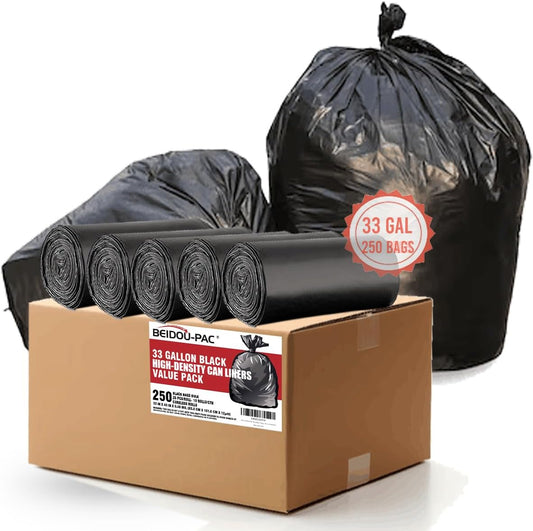 33 Gallon Trash Bags, 250 Count Bulk, Black Garbage bags, Multi-purpose Trash Can Bin Liners for