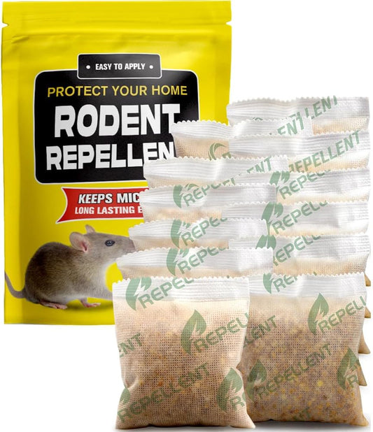 Rodent Repellent Pouches, Mice Repellent Indoor and Outdoor, Rat Repellent for House, Mouse Repellent, Outdoor Rat Deterrent, Extra-Strength 3 Months Protection, Naturally and Safely-12P