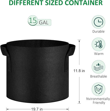12-Pack 15 Gallon Thickened Non-Woven Grow Bags, Aeration Fabric Pots with Handles（Black）