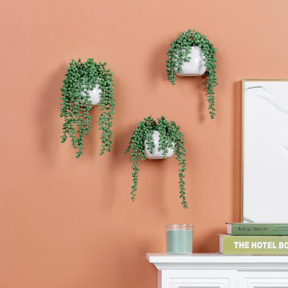 MyGift Artificial Faux String of Pearls Plants in White Ceramic Wall Hanging Planter Pot with Jute Rope, Set of 3