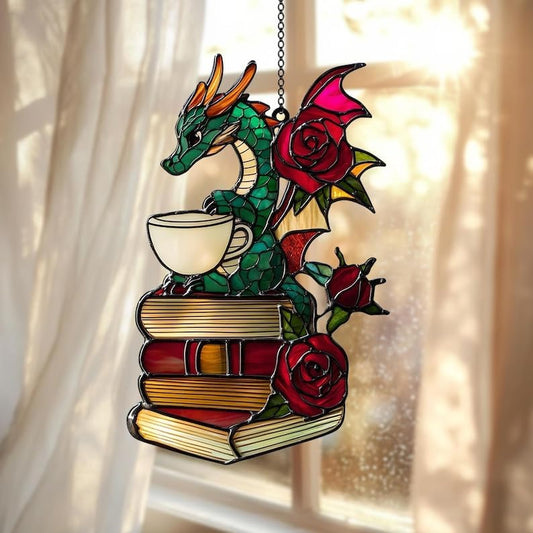 Dragon Tea Book Bookish Acrylic Suncatcher Stained Glass Effect Window Car Hanging Christmas
