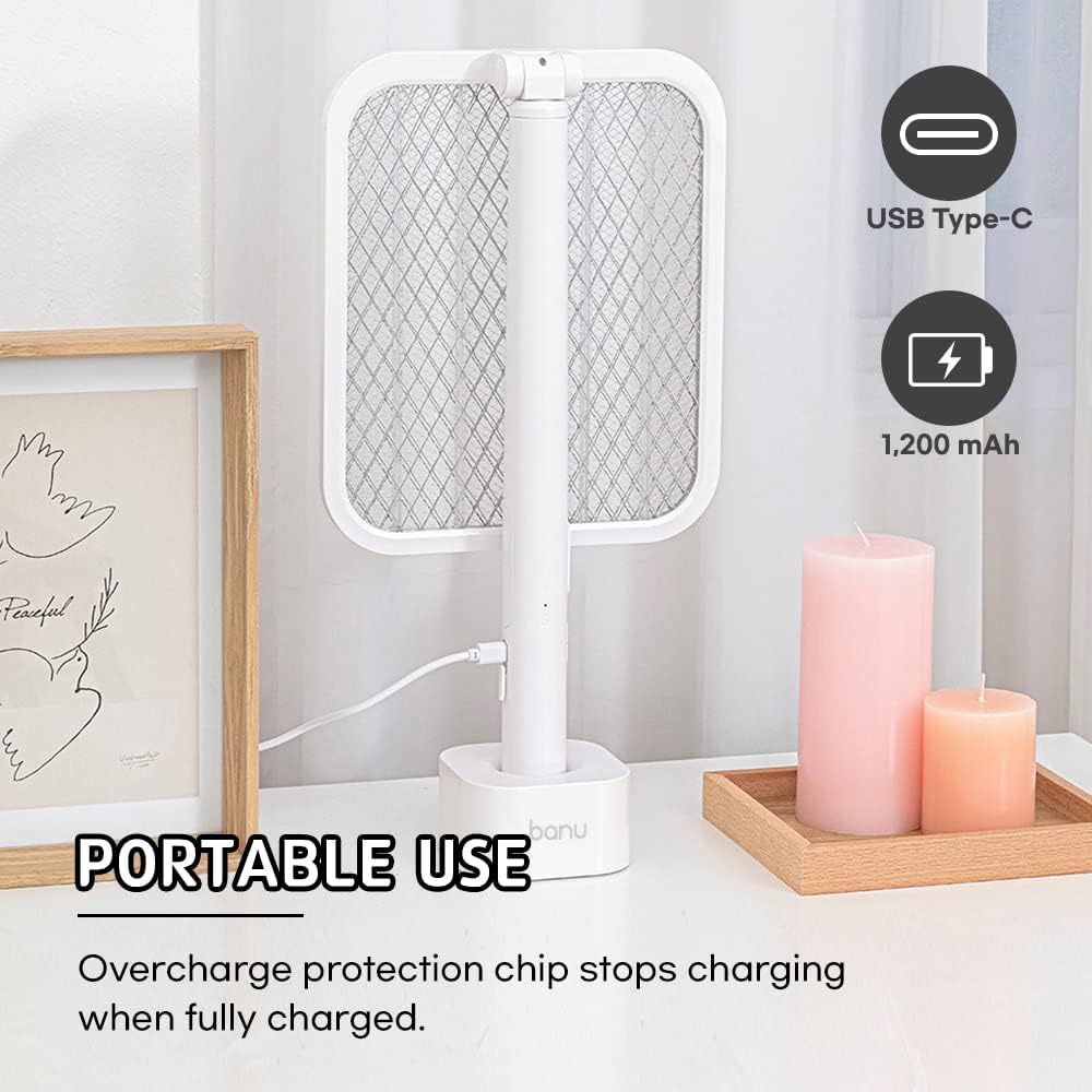BANU Electric Fly Swatter Bug Zapper Racket, 180-Degree Folding, Adjustable 2-in-1 Mosquito Killer Lamp, Rechargeable 1200mAh Battery, 3-Layer Safety Mesh, Suitable for Indoor and Outdoor Use