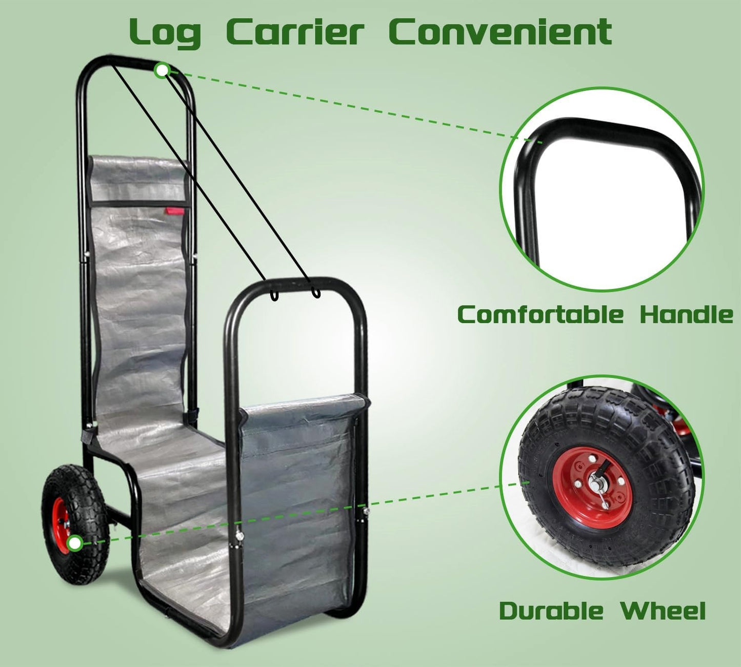 Firewood Cart: 44 X 27 X 20 in Heavy Duty 220 lbs Load Pneumatic Tires for Garden Backyard Fireplace Men Women Use