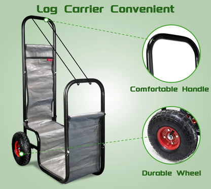 Firewood Cart: 44 X 27 X 20 in Heavy Duty 220 lbs Load Pneumatic Tires for Garden Backyard Fireplace Men Women Use