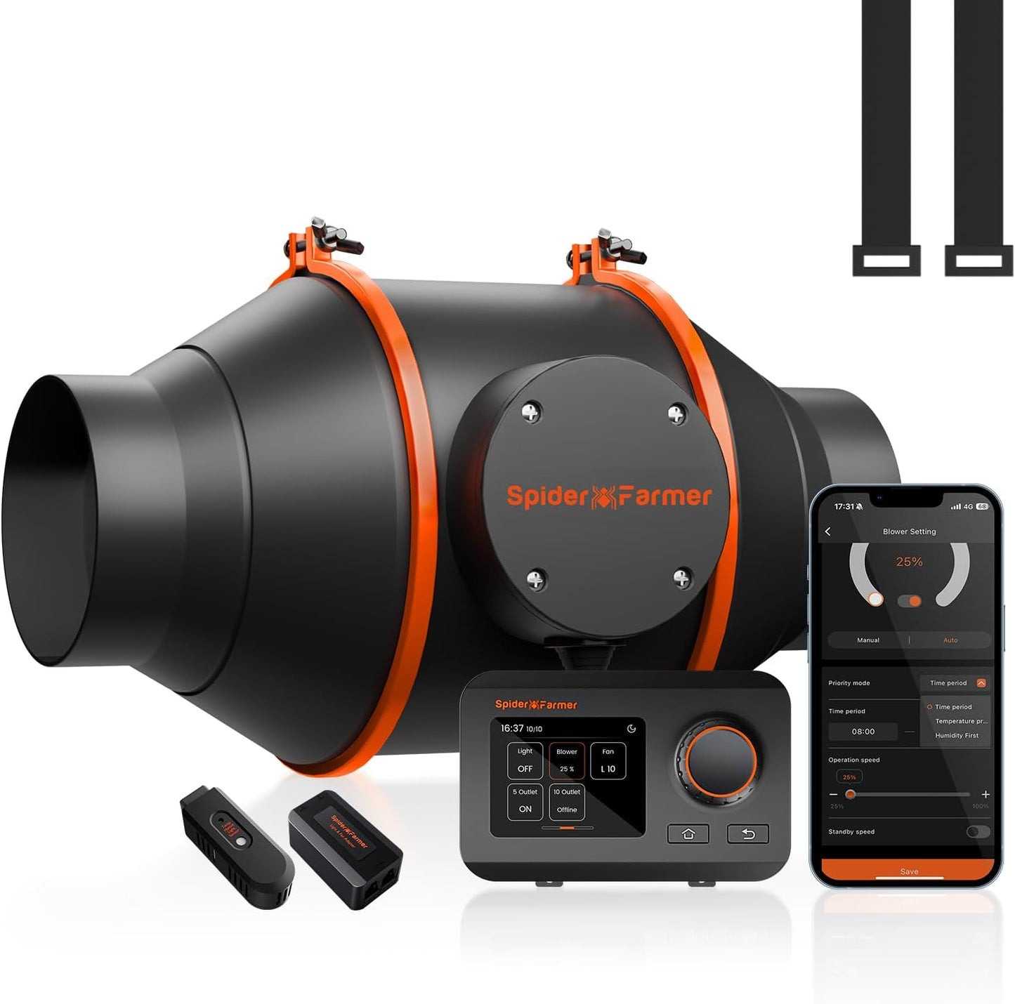 Spider Farmer 4 Inch Smart Inline Duct Fan with GGS Temperature Humidity Controller, WiFi Integrated App Control, 205 CFM Ventilation Exhaust Fan for Heating Cooling Booster, Grow Tents, Hydroponics