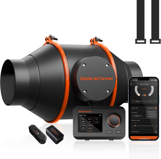 Spider Farmer 4 Inch Smart Inline Duct Fan with GGS Temperature Humidity Controller, WiFi Integrated App Control, 205 CFM Ventilation Exhaust Fan for Heating Cooling Booster, Grow Tents, Hydroponics