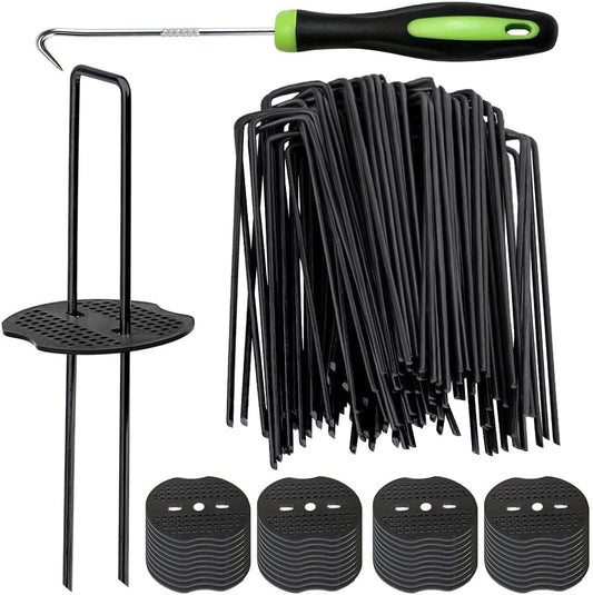 Bakulyor 150pcs Black Landscape Staples + 150pcs Buffer Washer, 6 Inch 11 Gauge Garden Stakes Staples, U Shaped Galvanized Lawn Pins Heavy Duty Yard Ground Pin for Weed Barrier Sod Fabric Decorations