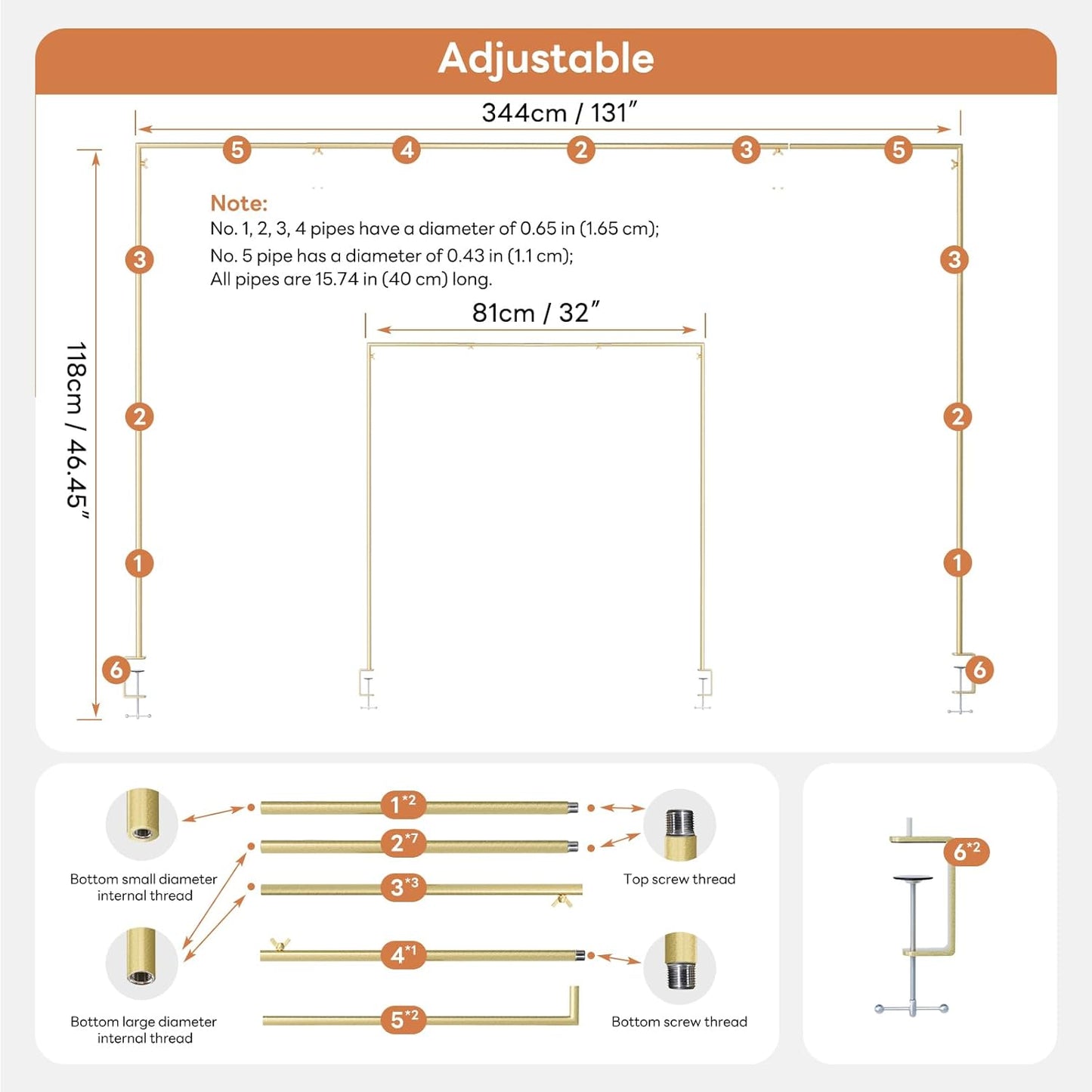 Over The Table Rod Stand with Clamps, Adjustable 32''-79'' Tall 32"-131" Length, Gold Table Arch Stand Metal Balloon Frame Hanging Rod for Weddings Christmas Birthdays Garden Arbors Decoration