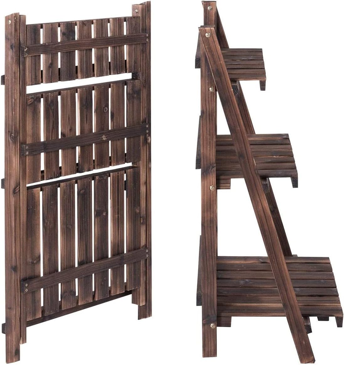 Giantex 3 Tier Folding Wooden Plant Stand, Indoor Flower Pot Holder Display Rack, Free Installation Corner Plants Storage Shelf, Foldable Rustic Wood Ladder Shelf for Home Patio Balcony Garden