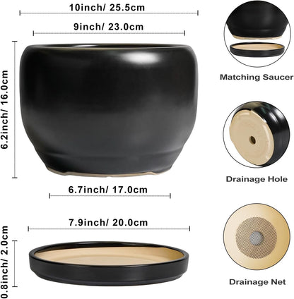 SQOWL Ceramic Flower Pot - 10 Inch Planter with Drainage Hole and Saucer, Modern Large Plant Pot Indoor Outdoor, Decorative Round Planter, Bedroom Decor, Gifts for Plant Lovers, Black
