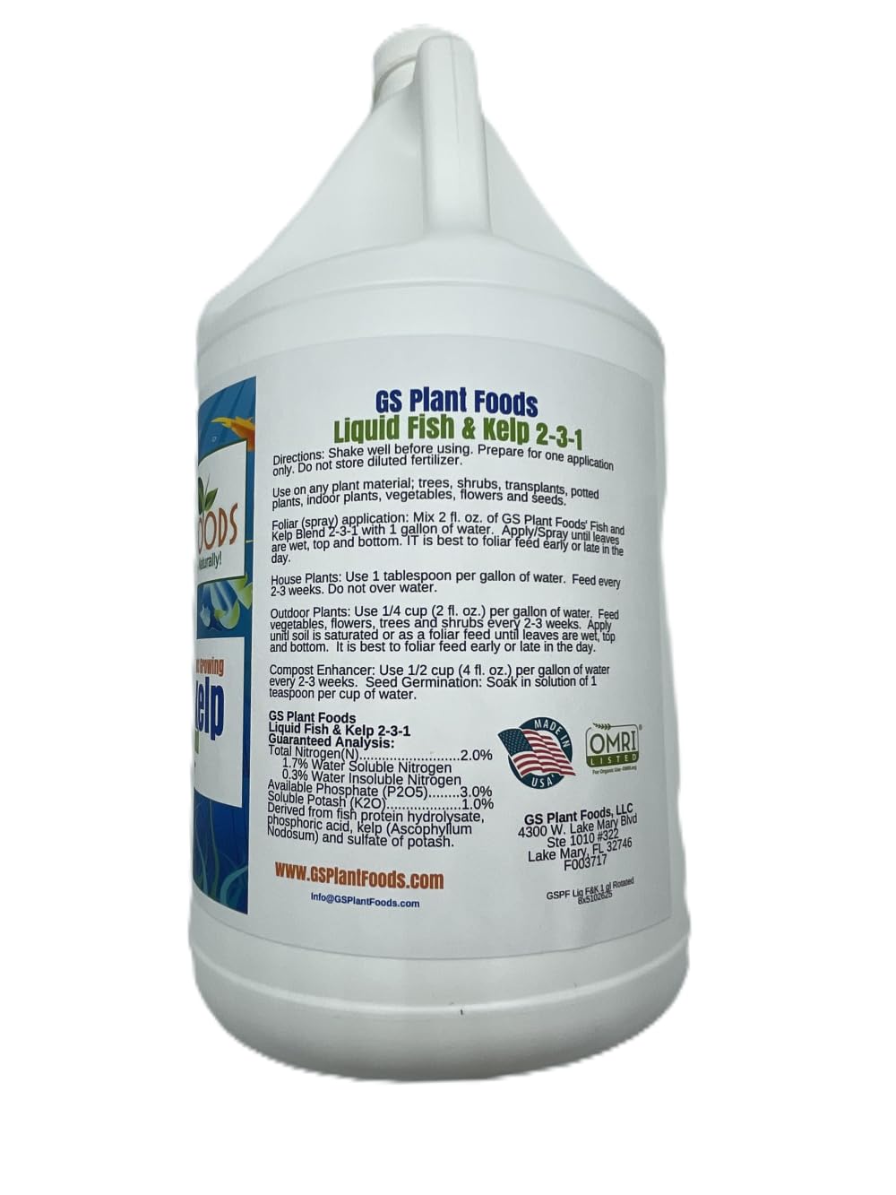 GS Plant Foods Liquid Fish & Kelp Fertilizer (1 Gallon) – Organic Material Review Institute Listed Natural Plant Food for Home Gardens, Lawns, and Vegetables