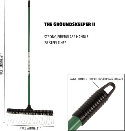 THE GROUNDSKEEPER II Green Rake 55-inch Lightweight Fiberglass Handle, 21-inch Head, Durable Steel Tines for Gardening, De-Thatching or Professional Landscaping