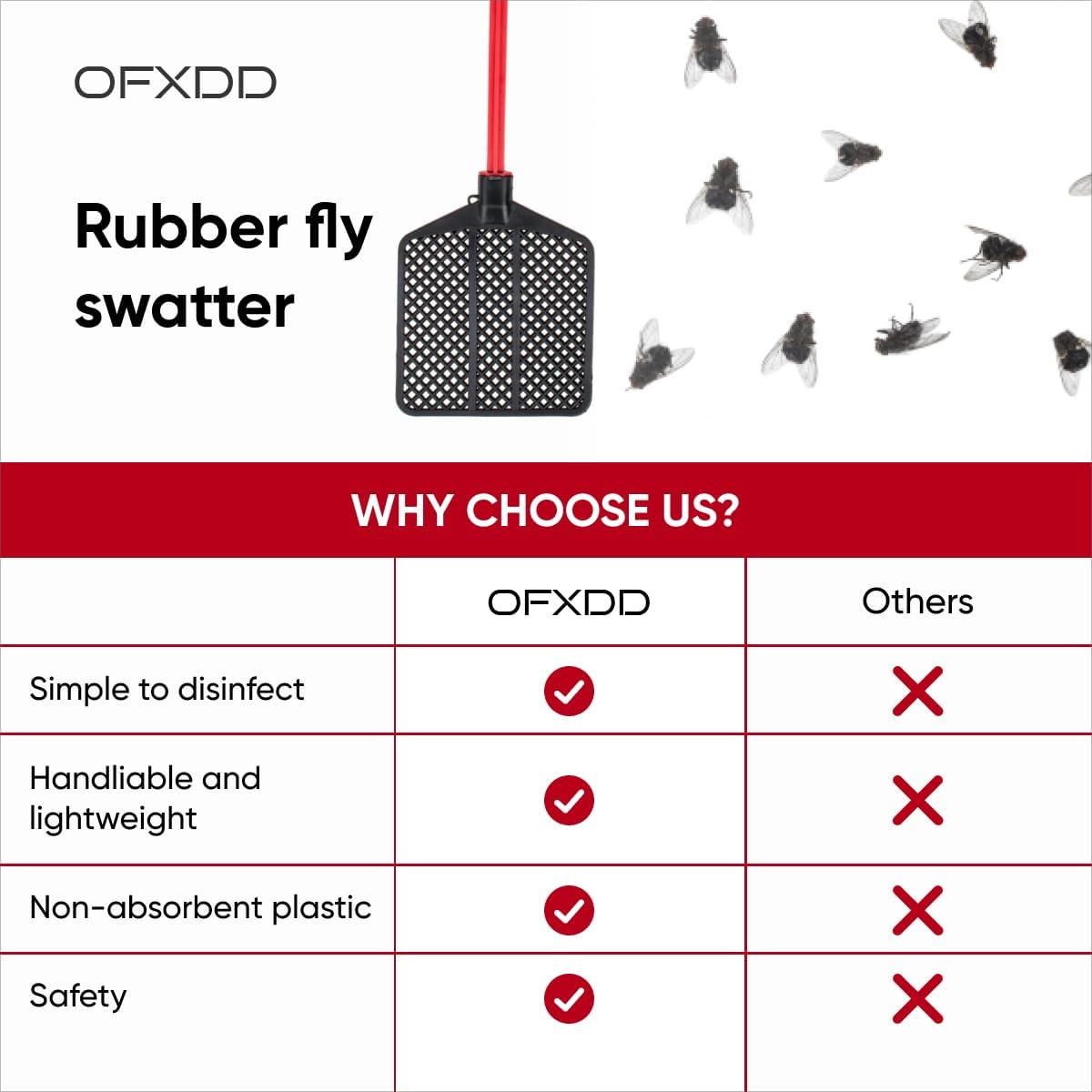 Rubber Fly Swatter, Long Fly Swatter Pack, Fly Swatter Heavy Duty, Red Color (3 Pack)