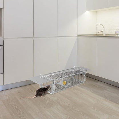 Moclever Humane Live Rat Trap – Dual-Door Rodent Cage with High-Sensitivity Gravity Pedal, Escape-Proof Dense Mesh, Zinc Electroplated for Durability, Indoor & Outdoor Use – 16.53” x 6.1” x 4.33”