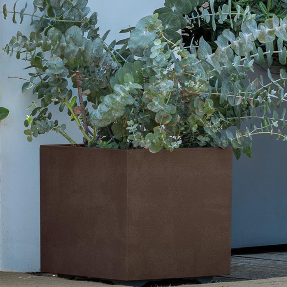 Deroma Millennium 10” Cube Planter | Light & Durable Plastic | Indoor or Outdoor Square Pot for Patio/Porch | Includes Water Reserve & Drain Plug | Trendy Planter for Plants, Flowers, Garden | Brown