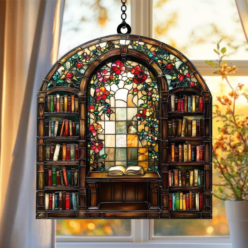 Floral Library Books Bookish Acrylic Suncatcher Stained Glass Effect Window Car Hanging Christmas Ornament Indoor Outdoor Decor Garden Sun Catcher Panel Book Lover for Women Mom Grandma