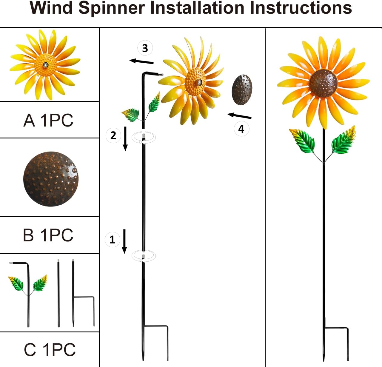 Sunflower Wind Spinner for Garden Decor - 40" Metal Wind Spinners Outdoor, 360° Rotating Windmill Yard Art, Kinetic Wind Sculptures for Home Lawn Backyard Patio Decor, Gifts for Garden Lovers