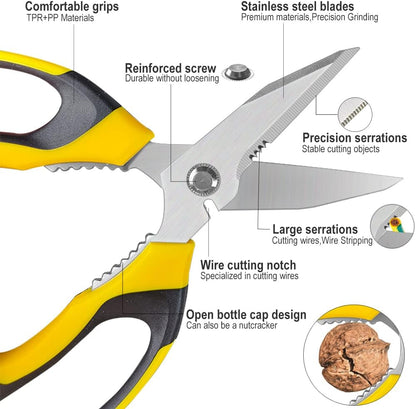 Heavy Duty 8'' Multipurpose Scissors with Protective Cover, Stainless Steel Serrated Blades, Easy Cutting Cardboard, Leather, Fabric, Wires, Nutcracker, Yellow